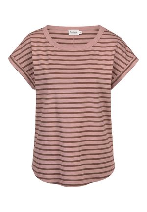 Damen-T-Shirt mit kurzen Ärmeln, rosa und braunen horizontalen Streifen und rundem Halsausschnitt.