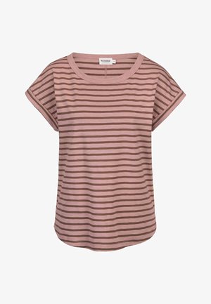 Short-sleeve women's t-shirt with pink and brown horizontal stripes and a round neckline.