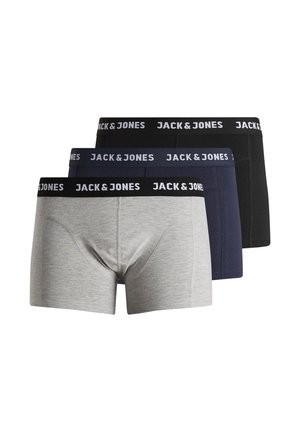 Drei Paare Herren-Boxershorts in Grau, Marineblau und Schwarz. Jedes Paar hat einen weichen elastischen Bund mit dem weißen "JACK & JONES"-Logo.
