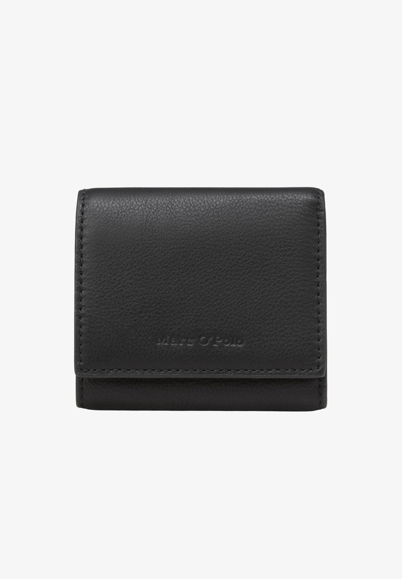 Black leather wallet with a textured finish, fold-over design, and subtle logo embossed on the front. Stitched edges add detail.