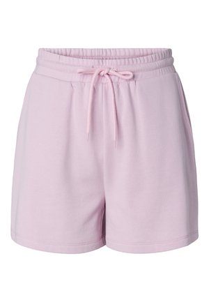 Világos rózsaszín pamut rövidnadrág rugalmas derékrésszel és állítható húzózsinórral, oldalán zsebekkel és laza szabással.