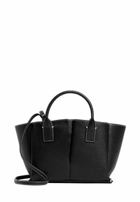 Schwarze Lederhandtasche mit strukturiertem Design, ausgestattet mit zwei Griffen und einem abnehmbaren Schultergurt. Kontrastnähte an den Seiten.