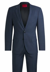 Marineblauer Anzug aus strukturiertem Stoff, mit Ein-Knopf-Verschluss, aufgesetzten Revers und zwei Fronttaschen, in schlanker, taillierter Passform.