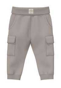 Graue Cargo-Hose mit elastischem Bund, zwei Seitentaschen und zwei Cargo-Taschen. Weicher Stoff, schmal zulaufende Beinenden mit gerippten Bündchen.