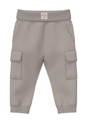 Pantaloni cargo grigi con cintura elastica, due tasche laterali e due tasche cargo. Texture morbida, caviglie affusolate con polsini a coste.
