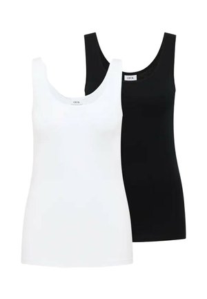 Dwa bezrękawniki, jeden biały, drugi czarny, z okrągłymi dekoltami i dopasowanym krojem, prezentowane na białym tle.