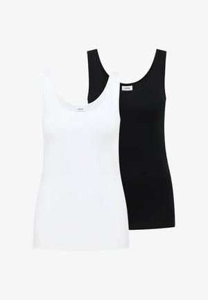 Deux débardeurs sans manches, l'un blanc et l'autre noir, avec des encolures rondes et des coupes ajustées, présentés sur un fond blanc.