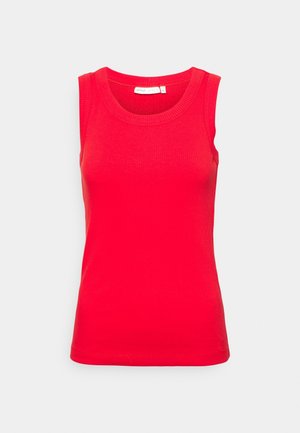 Red ribbed tank top with a round neckline and sleeveless design. Smooth texture, fitted shape, and classic hem at the bottom.