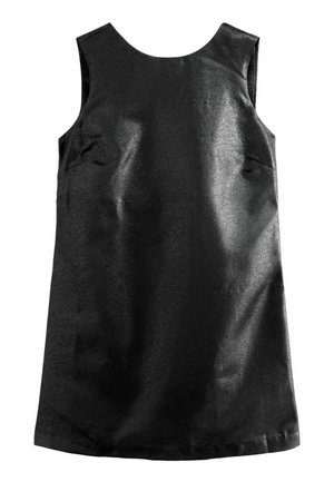 Kumine ilma varrukateta kleit, valmistatud läikivast kangast, millel on lihtne disain, ümar kaelus ja kaks küljetaskut. Sile tekstuur.