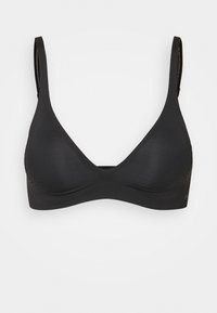 Bralette triangle noir avec bretelles ajustables, design sans couture et texture douce. Présente un style minimaliste sans ornements supplémentaires.