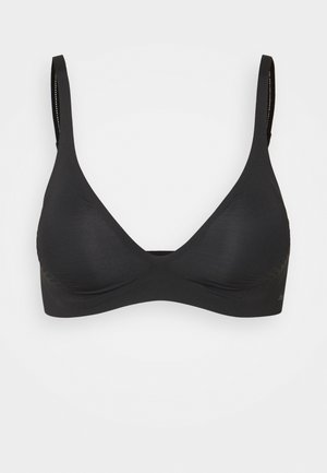 Zwarte driehoekige bralette met verstelbare bandjes, naadloos ontwerp en een zachte textuur. Kenmerkt zich door een minimalistische stijl zonder extra versieringen.