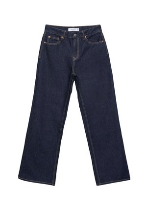 Tmavě modré široké džíny z denimu, které mají pět kapes, kontrastní švy a zapínání na knoflík. Klasický střih s rovnými nohavicemi.