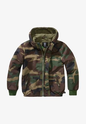 Camo jacket in green, brown, and black; features a zip front, elastic cuffs, and a hood with fleece lining. Detailing includes side pockets.