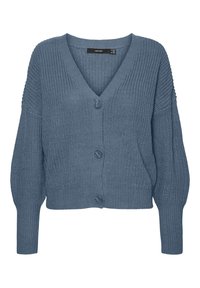 Blå stickad kofta med V-ringning, knappstängning och ribbade ärmslut. Har ett strukturerat mönster och en avslappnad, kortad passform.