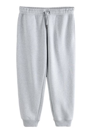 Pantalon de survêtement gris clair avec ceinture élastique, cordon de serrage, poches latérales et poignets côtelés aux chevilles.