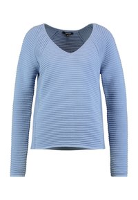 Lyseblå ribbet sweater med lange ærmer og V-udskæring. Det teksturerede stof har vandrette striber og en afslappet pasform.