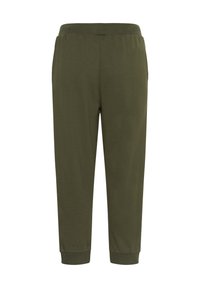 Olivově zelené jogger kalhoty vyrobené z měkkého materiálu, s elastickým páskem a žebrovanými manžetami na kotnících. Jednoduchý a minimalistický design.
