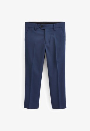 Mornarske plave hlače od glatkog materijala, s ravnim prednjim dijelom, dva bočna džepa, zatvaranjem na dugme i krojem koji se prilagođava.