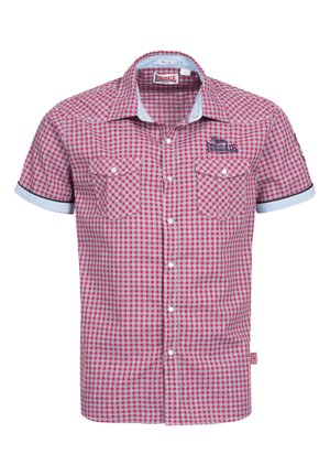 Korte mouw geruite overhemd in rood en blauw, met twee borstzakken, knoopsluiting en contrasterende lichtblauwe kraag en mouwen.