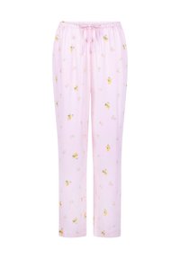 Lichtroze pyjamabroek met een elastische tailleband, trekkoorddetails en een bloemenpatroon met kleine gele citroenen en roze bloemen.