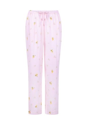 Light pink pajama pants with an elastic waistband, drawstring detail, and a floral pattern featuring small yellow lemons and pink flowers.