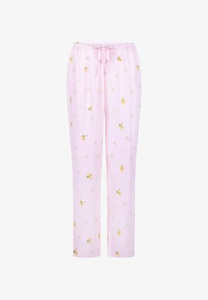 Light pink pajama pants with an elastic waistband, drawstring detail, and a floral pattern featuring small yellow lemons and pink flowers.
