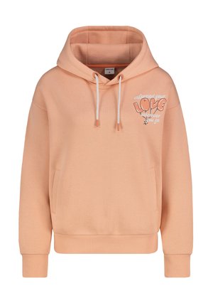Perzikkleurige hoodie gemaakt van zachte stof, met een voorzak, trekkoorden en een geprinte tekstontwerp met ballonnen op de borst.