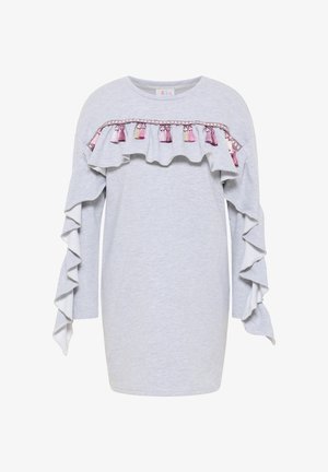 Grijze lange mouwen jurk met ruches, versierd met franjetjes in roze en paars rond de halslijn, gemaakt van zachte stof.