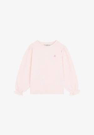 Sudadera de color rosa claro, fabricada con un tejido suave, que presenta mangas largas abullonadas con puños elásticos y un pequeño logo de calavera en el centro delantero.