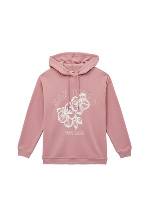 Roze hoodie van zachte stof, met een witte bloemenafbeelding en de tekst "SAN DIEGO EST. 1972." Inclusief een capuchon met trekkoord en geribbelde mouwen.