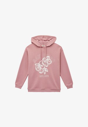 Rosa Kapuzenpullover aus weichem Material, mit einem weißen floralen Grafikdesign und dem Text "SAN DIEGO EST. 1972." Verfügt über eine Zugkordel am Kapuze und gerippte Bündchen.