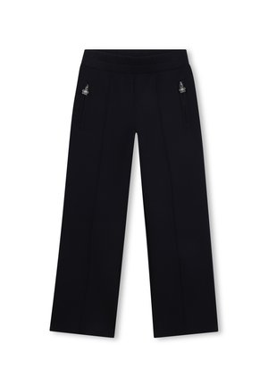 Zwarte wijde broek met een gladde textuur, voorzien van twee ritszakken en een platte tailleband voor een comfortabele pasvorm.