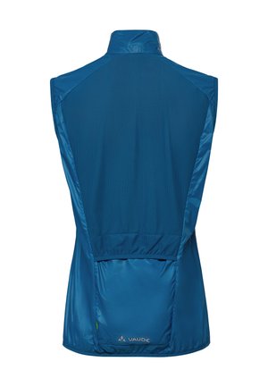 Gilet da ciclismo blu senza maniche con pannello posteriore in rete e piccolo tag verde, mostrato da dietro con il logo Vaude vicino all'orlo inferiore.