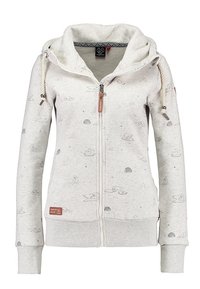 Vaaleanharmaa vetoketjullinen huppari, joka on valmistettu pehmeästä kankaasta. Hupparissa on valkoisia eläinkuvioita, korkea kaulus ja metalliset vetoketjun nyörit.