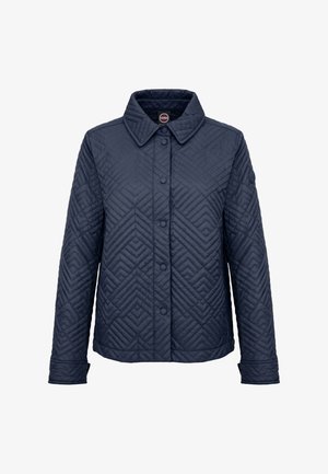 Marineblå quiltet jakke med geometriske syninger, trykknapper foran, krave, lange ærmer og Colmar-logo på den indvendige krave og ærme.