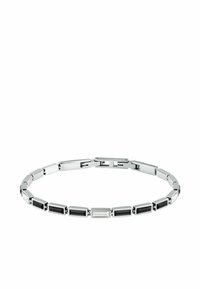 Bracciale in argento con maglie rettangolari alternate da elementi neri e trasparenti. Finitura metallica liscia, design minimalista.