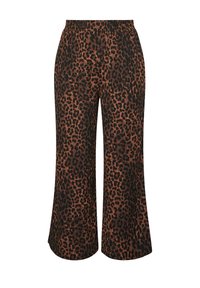 Leopardenmuster weitem Beinkleid in Braun und Schwarz; mit elastischem Bund und glatter Stofftextur. Ausgestellte Silhouette für einen lockeren Sitz.