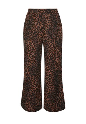 Leopard print wide-leg pants in brown and black; features an elastic waistband and smooth fabric texture. Flared silhouette for relaxed fit.