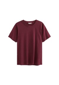 Ensfarvet T-shirt med korte ærmer og rund halsudskæring i dyb bordeauxfarve, vist på en hvid baggrund.