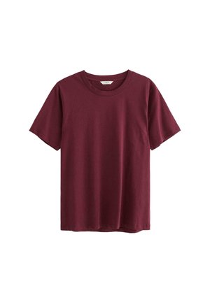 Ensfarvet T-shirt med korte ærmer og rund halsudskæring i dyb bordeauxfarve, vist på en hvid baggrund.