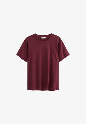 T-shirt a maniche corte, girocollo, di colore bordeaux scuro, esposto su uno sfondo bianco.