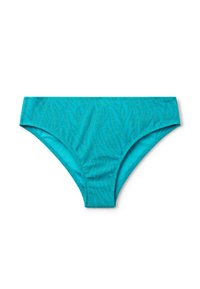 Fondo bikini turchese con un motivo a onde e sottili scintillii, realizzato in materiale morbido, con una vita a media altezza.