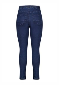 Donkerblauwe denim jeggings met een hoge elastische tailleband, voorzien van twee achterzakken en een slim fit ontwerp, dat taperend is bij de enkels.