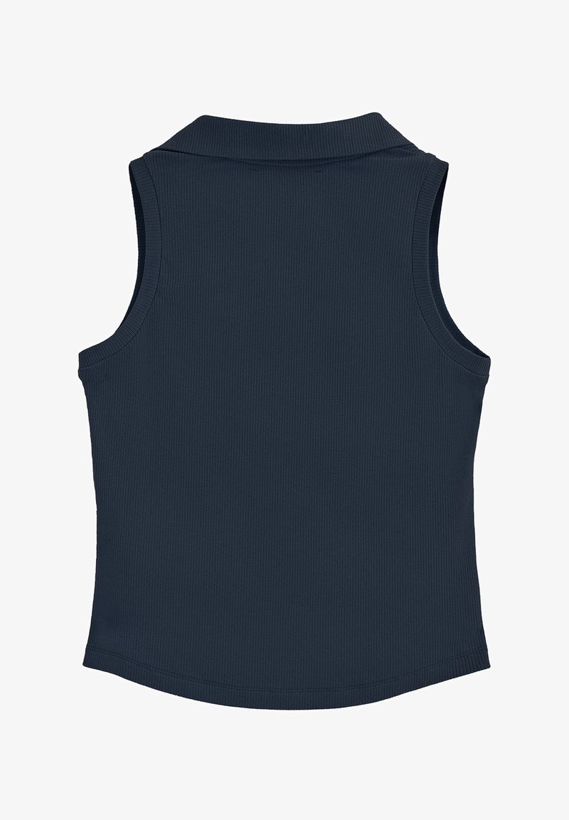 Haut côtelé sans manches bleu marine avec col, montré de dos avec un ourlet droit et des emmanchures larges.