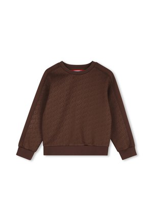 Sweat-shirt marron à manches longues avec col rond, motif subtil répétitif et poignets et ourlet côtelés.