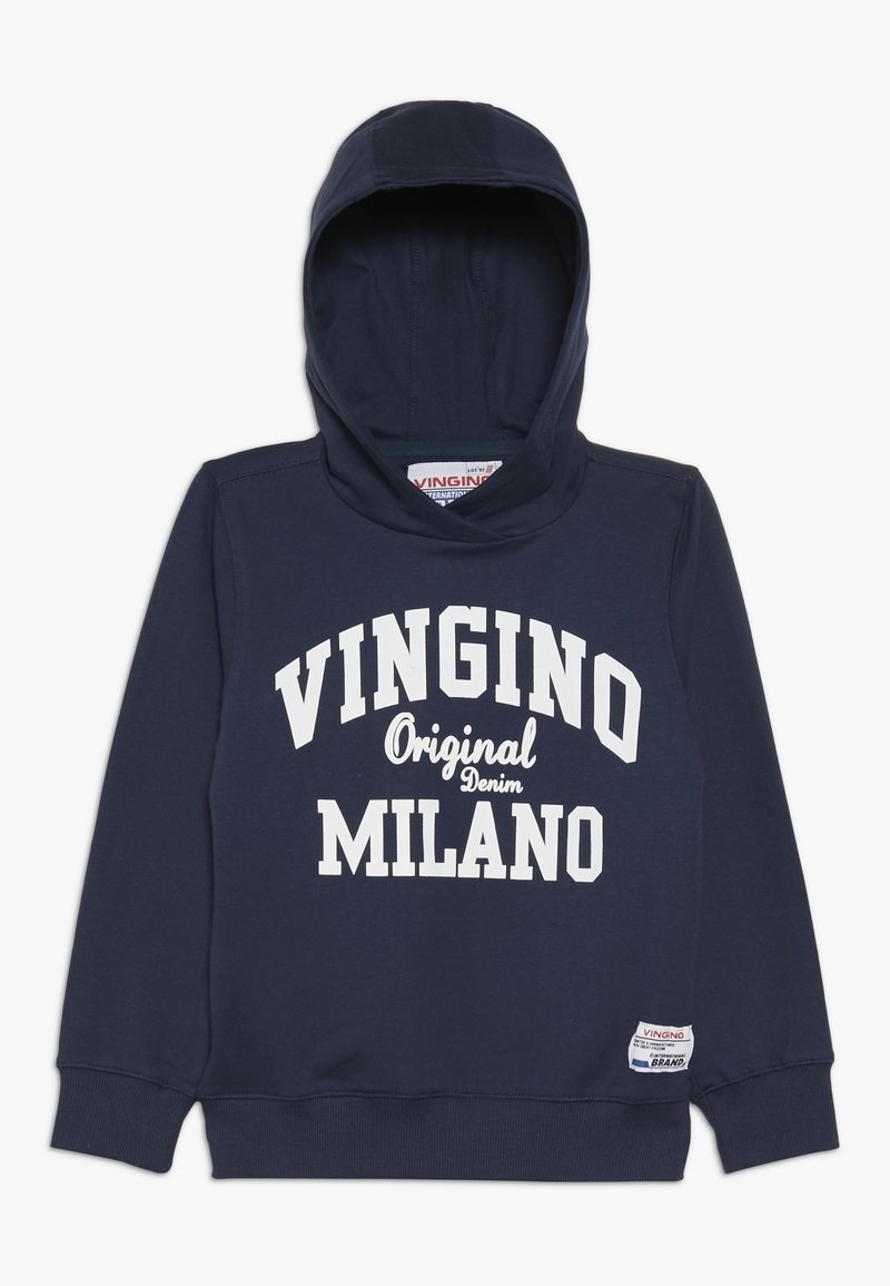 Sudadera azul marino de algodón con un bolsillo canguro frontal. Presenta el texto en blanco "VINGINO Original Denim MILANO" y una etiqueta de la marca en el lateral.
