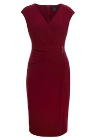 Vaatteeton, polvipituinen viininpunainen mekko, jossa on V-muotoinen kietaisuosa, rypistetty vyötärökohta ja pieni sivupahka.