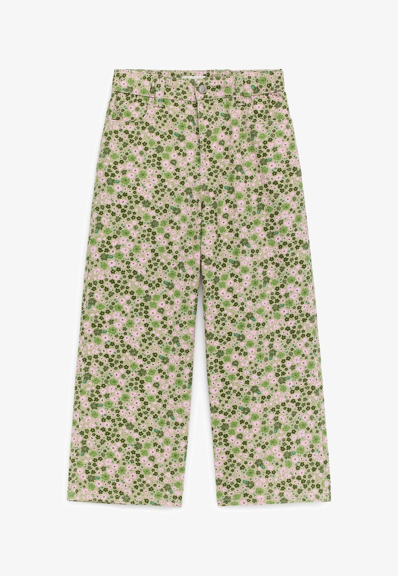 Pantalon vert à jambes larges avec imprimé floral rose et vert foncé, boutons sur le devant et poches.