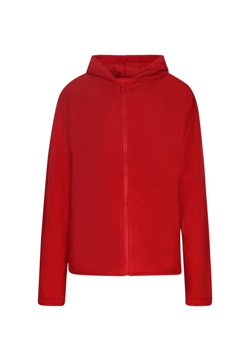 Giacca rossa con cappuccio, con zip frontale e maniche lunghe, realizzata in un tessuto leggero e liscio. Presenta una chiusura a zip frontale e non ha motivi o accenti visibili.