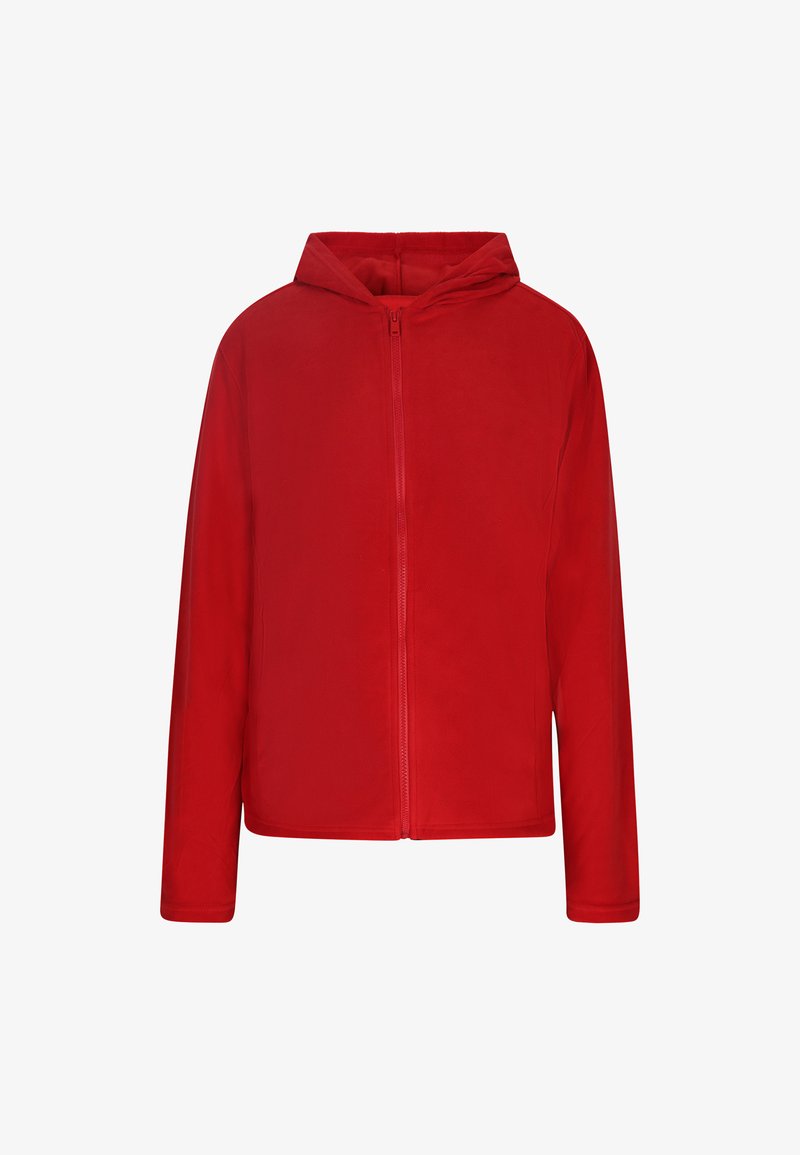 Czerwona kurtka z kapturem na zamek błyskawiczny, z długimi rękawami, wykonana z gładkiego, lekkiego materiału. Posiada zamek błyskawiczny z przodu i brak widocznych wzorów lub akcentów.